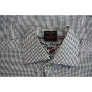 Paul & Shark Oxford Shark Fit Blue White Gingham  Cotton Button Up Shirt Sz 42